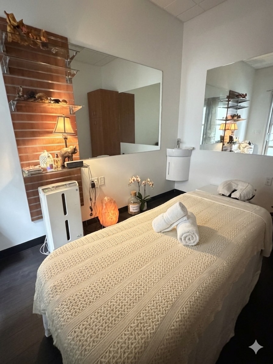 Freshly prepared treatment room with rolled towels and spa essentials